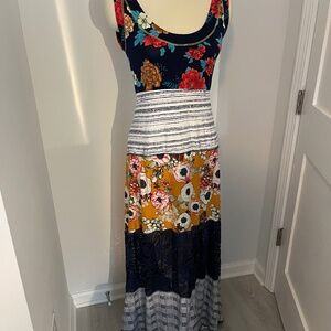 Autumn Teneyl Colorful Patchwork Maxi Dress - Navy & Mustard